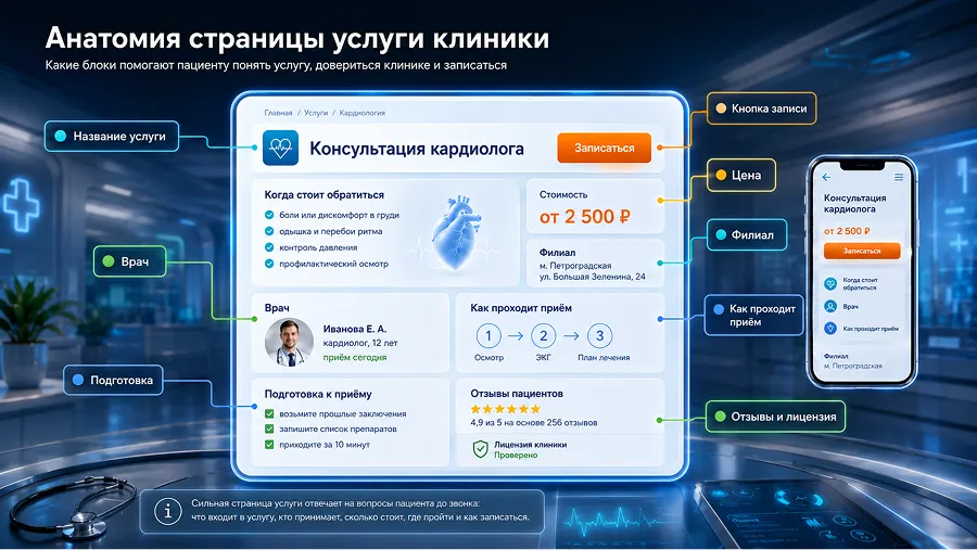 Сильная страница медицинской услуги отвечает на ключевые вопросы пациента до звонка: что входит в услугу, кто принимает, сколько стоит, где пройти и как записаться